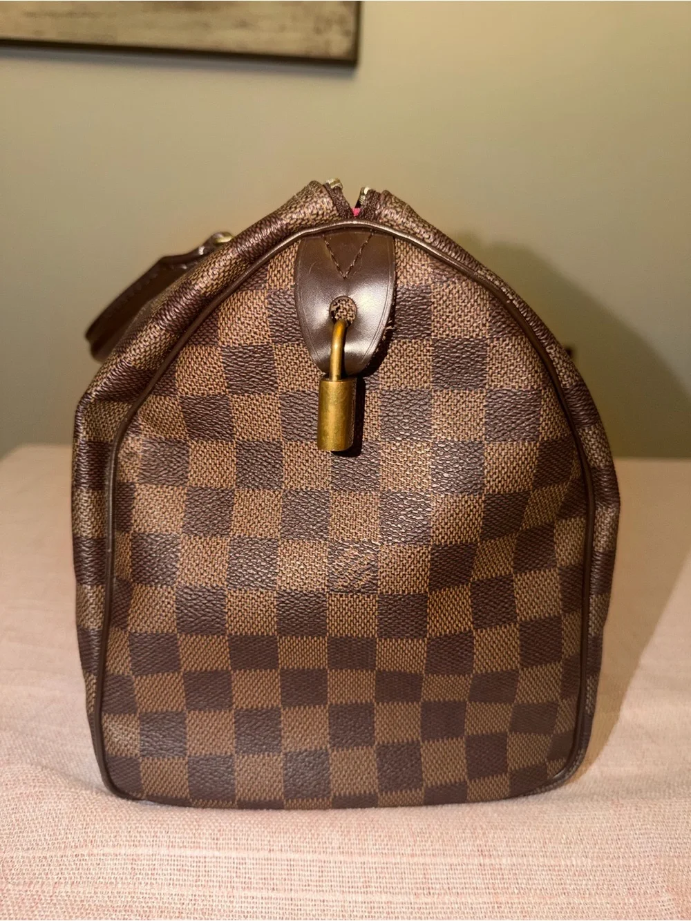 Men's Brown Checkered Top-Handle Bag